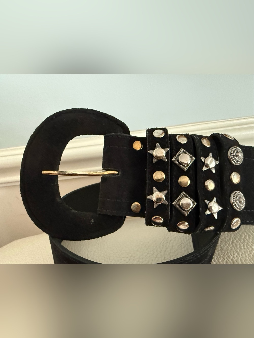 Black Studded Women's Belt with Mixed Metal Accents